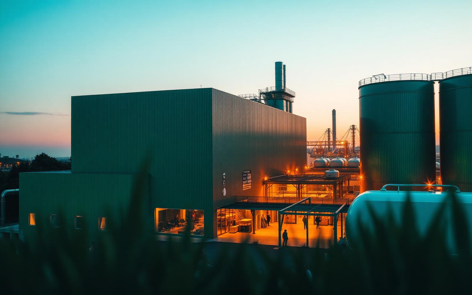 Instalação de bioenergia ao entardecer